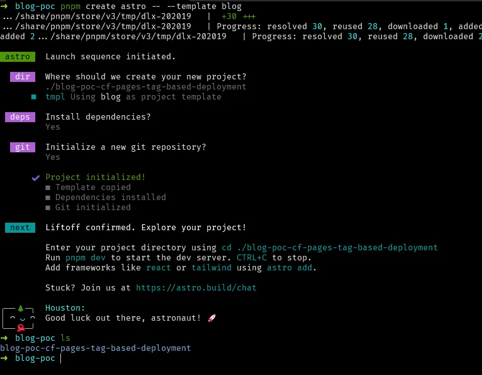 Terminal view when creating a blog project with a template from Astro