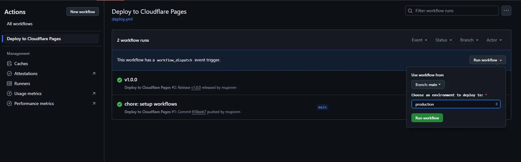 Actions page that show the inputs for running the workflow manually