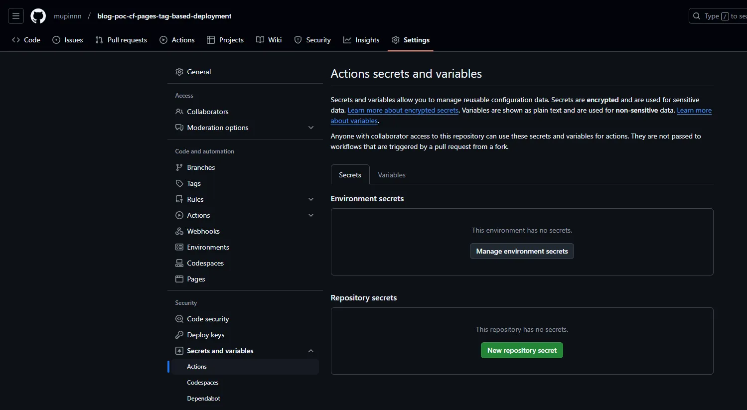 View for secrets configuration in GitHub Actions